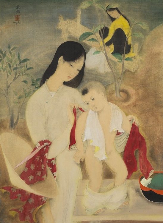 Lê Pho (1907–2001), Le Bain, vers 1938, encre, gouache et couleurs sur soie, 45 x 60 cm