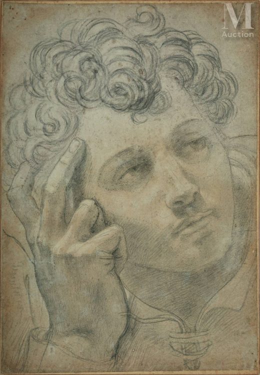 Daniele da Volterra (1509–1566), Étude de tête de jeune homme tournée vers la droite, préparatoire à l’apôtre au centre de l’Assomption de la Vierge de la Trinité-des-Monts, Dessin préparatoire. Adjugée 4 004 400 euros par Millon le 19 novembre 2023 à Paris. Expert : non précisé.
