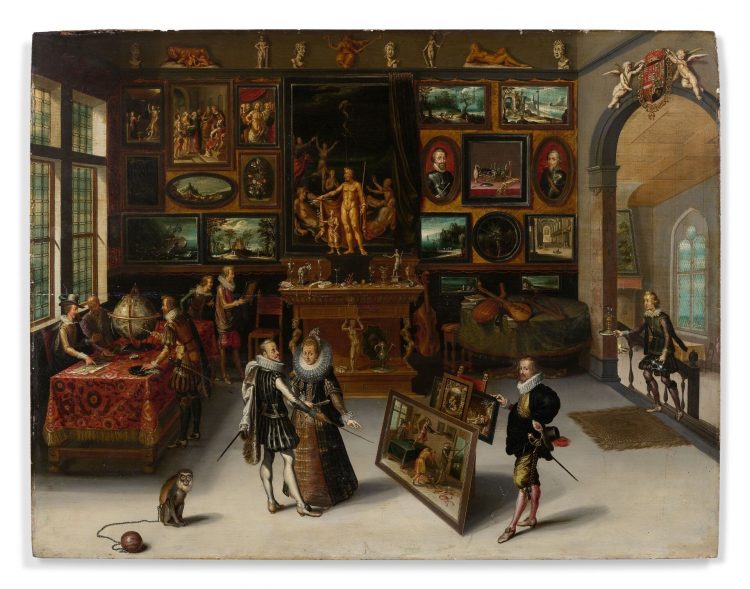 Adriaen van Stalbemppt (1580 - 1662), L'archiduc Albert d'Autriche et l'archiduchesse Isabelle visitant un cabinet de collectionneur, Panneau de chêne, deux planches, non parqueté, Hauteur : 59 cm Largeur : 78,5 cm, Marques au dos de la guilde d'Anvers, Étiquette ancienne au revers. Estimation : 100 000 euros - 150 000 euros.