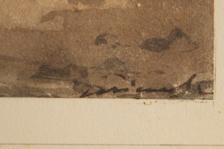 (Détail) Théodore Géricault, Rouen 1791 - Paris 1824, Chevaux au pâturage, ou le cheval baie et le cheval blanc, Plume, encre noire et aquarelle. Collé sur feuille (petit manque à gauche), Signé ou annoté en bas à droite à la plume et encre brune, Annoté à la plume sur la feuille de support en bas à droite Géricault, en haut N° 14, et en bas à gauche Chevaux Percherons, Hauteur : 25,3 - Longueur : 31,5 cm, Ancienne collection C. du Soulier ; resté dans la descendance jusqu’à ce jour. Estimation : 20 000 euros - 30 000 euros.