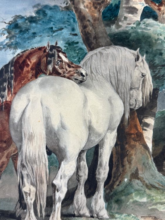 Théodore Géricault, Rouen 1791 - Paris 1824, Chevaux au pâturage, ou le cheval baie et le cheval blanc, Plume, encre noire et aquarelle. Collé sur feuille (petit manque à gauche), Signé ou annoté en bas à droite à la plume et encre brune, Annoté à la plume sur la feuille de support en bas à droite Géricault, en haut N° 14, et en bas à gauche Chevaux Percherons, Hauteur : 25,3 - Longueur : 31,5 cm, Ancienne collection C. du Soulier ; resté dans la descendance jusqu’à ce jour. Estimation : 20 000 euros - 30 000 euros.