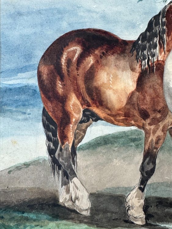 (Détail) Théodore Géricault, Rouen 1791 - Paris 1824, Chevaux au pâturage, ou le cheval baie et le cheval blanc, Plume, encre noire et aquarelle. Collé sur feuille (petit manque à gauche), Signé ou annoté en bas à droite à la plume et encre brune, Annoté à la plume sur la feuille de support en bas à droite Géricault, en haut N° 14, et en bas à gauche Chevaux Percherons, Hauteur : 25,3 - Longueur : 31,5 cm, Ancienne collection C. du Soulier ; resté dans la descendance jusqu’à ce jour. Estimation : 20 000 euros - 30 000 euros.