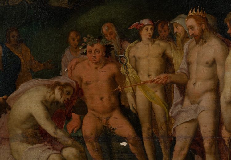 Cornelis Cornelisz dit Cornelis van Haarlem (Haarlem, 1562-1638), Jupiter et les dieux demandant à Apollon de reprendre les rênes du char du Soleil (Ovide, Métamorphoses, 2, 381?400), Panneau parqueté Monogrammé à gauche CH Hauteur : 45 cm Largeur : 97,5 cm. Restaurations anciennes, fente et petits manques. Estimations : 60 000 euros - 80 000 euros.