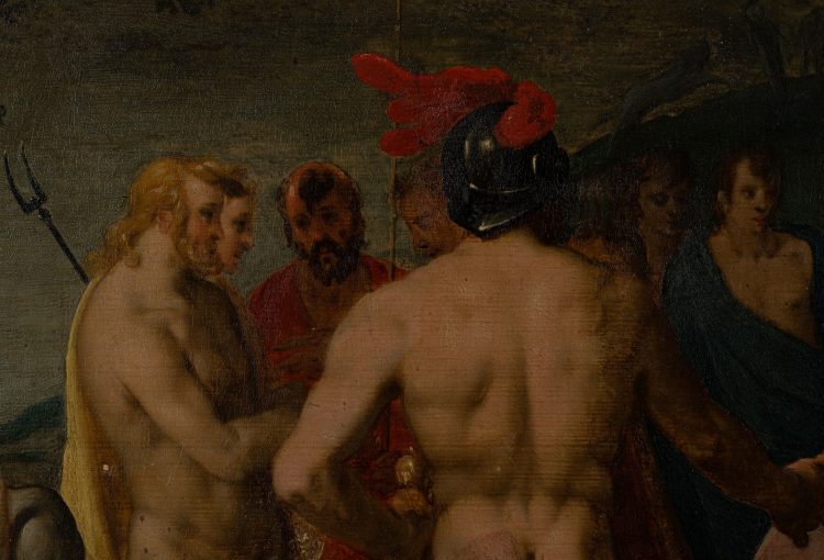 (Détail) Cornelis Cornelisz dit Cornelis van Haarlem (Haarlem, 1562-1638), Jupiter et les dieux demandant à Apollon de reprendre les rênes du char du Soleil (Ovide, Métamorphoses, 2, 381?400), Panneau parqueté Monogrammé à gauche CH Hauteur : 45 cm Largeur : 97,5 cm. Restaurations anciennes, fente et petits manques. Estimations : 60 000 euros - 80 000 euros.