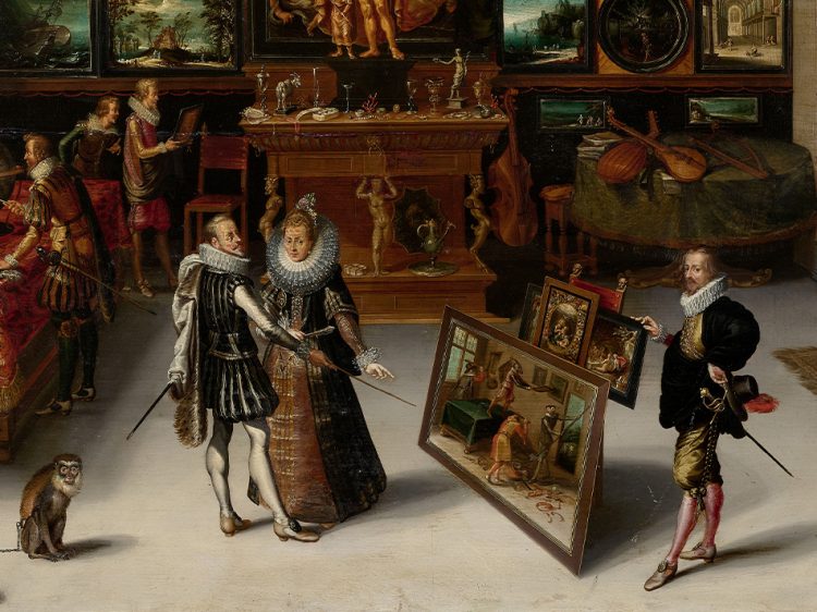 Adriaen van Stalbempt (1580 - 1662), L'archiduc Albert d'Autriche et l'archiduchesse Isabelle visitant un cabinet de collectionneur, Panneau de chêne, deux planches, non parqueté, Hauteur : 59 cm Largeur : 78,5 cm, Marques au dos de la guilde d'Anvers, Étiquette ancienne au revers. Estimation : 100 000 euros - 150 000 euros.