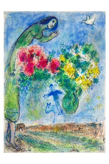 MARC CHAGALL (1887-1985) Hommage à l’Arc de Triomphe fleuri, 1970-1976 Pastel, gouache, crayons de couleur, tempera, encre de Chine et mine de plomb sur papier Timbre de la signature [non Lugt] en bas vers la gauche 56,2 x 41,5 cm Estimation : 120 000/180 000 € Un certificat du Comité Chagall, en date du 5 juin 2007, sera remis à l’acquéreur. Provenance ● Famille de l’artiste, France ● Collection particulière, France (offerte par cette dernière puis par descendance)