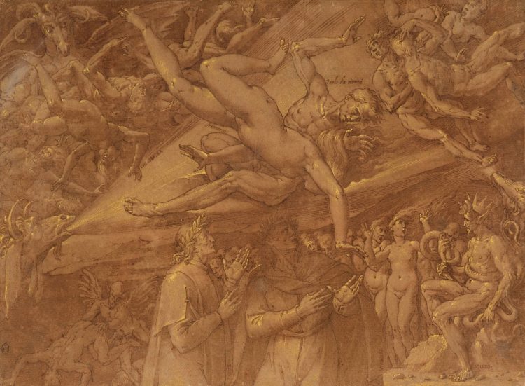 Jacopo LIGOZZI Vérone, 1547 - Florence, 1627 Dante et Virgile au tribunal de Minos, le deuxième cercle de l'Enfer réservé aux péchés de luxure ; cinquième chant de l'Enfer de Dante