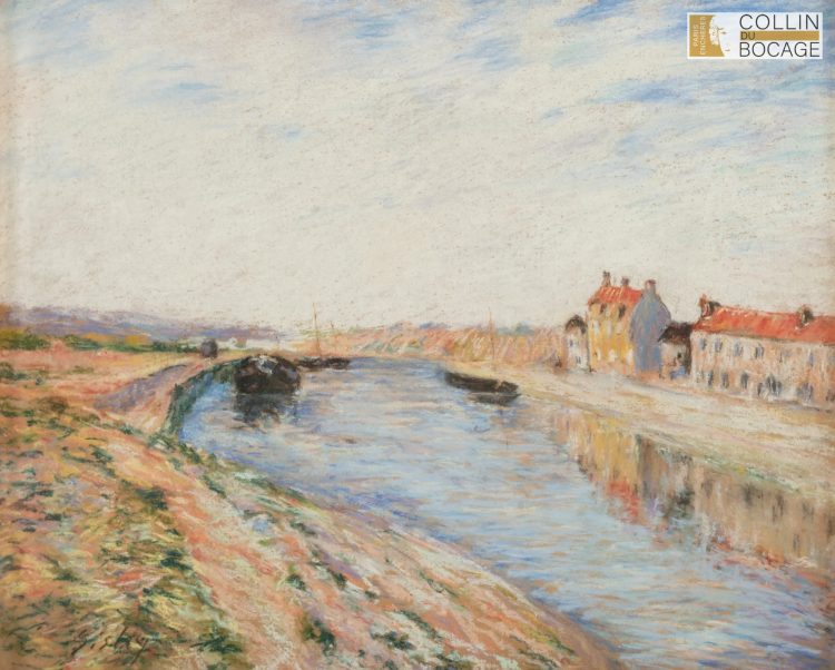 Alfred SISLEY (1839-1899) Le canal du Loing à Saint-Mammès Pastel, signé en bas à droite 36 x 44 cm