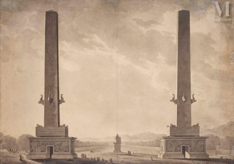 Etienne-Louis BOULLEE (Paris 1728 - 1799) Deux obélisques encadrant une longue place publique avec en avancée une statue de la République ; au fond de la perspective, une ville antique au pied de collines Plume et encre de Chine, lavis gris 40 x 57 cm Bords restaurés (manques et taches) et collés, anciennement plié en quatre, pliures sur le bord gauche, quelques rousseurs Filigrane Honig