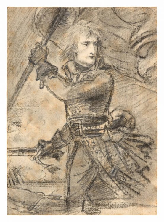 Antoine-Jean GROS, dit baron GROS (Paris, 1771 - Meudon, 1835 ) Le général Bonaparte au pont d'Arcole le 15 novembre 1796 Crayon noir, estompe et rehauts de blanc (Quelques rousseurs)