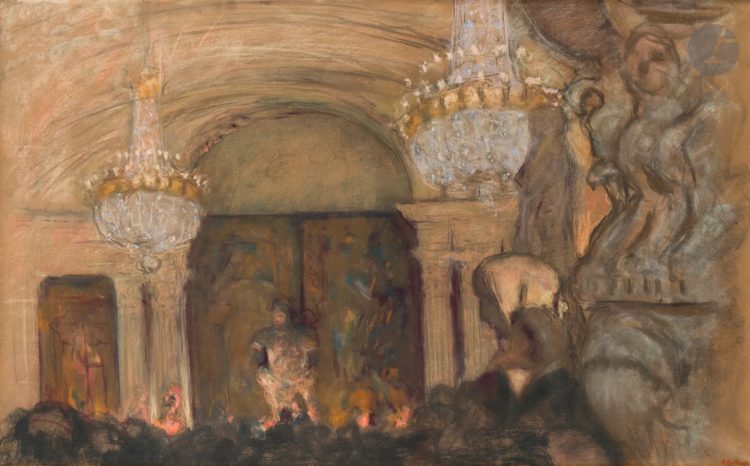 Édouard VUILLARD (1868 - 1940) Représentation d’une pièce de Molière dans la salle des Cariatides du Louvre, 1922 Pastel sur papier bistre marouflé sur toile. Cachet de la signature en bas à droite (Lugt. 2497a). 63,6 x 100,3 cm