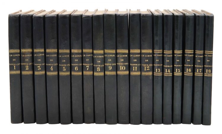 Paris, Pétion, 1845. 18 volumes in-8, demi-basane verte, dos lisse, titre doré entre deux filets dorés, tranches lisses (Reliure de l'époque).Édition originale d'un des chefs-d'œuvre de Dumas, de loin le plus rare, composé avec la collaboration d'Auguste Maquet. Le titre est orthographié Monte-Christo dans les premières éditions du roman. C'est une des éditions originales les plus rares et les plus recherchées de la période romantique.