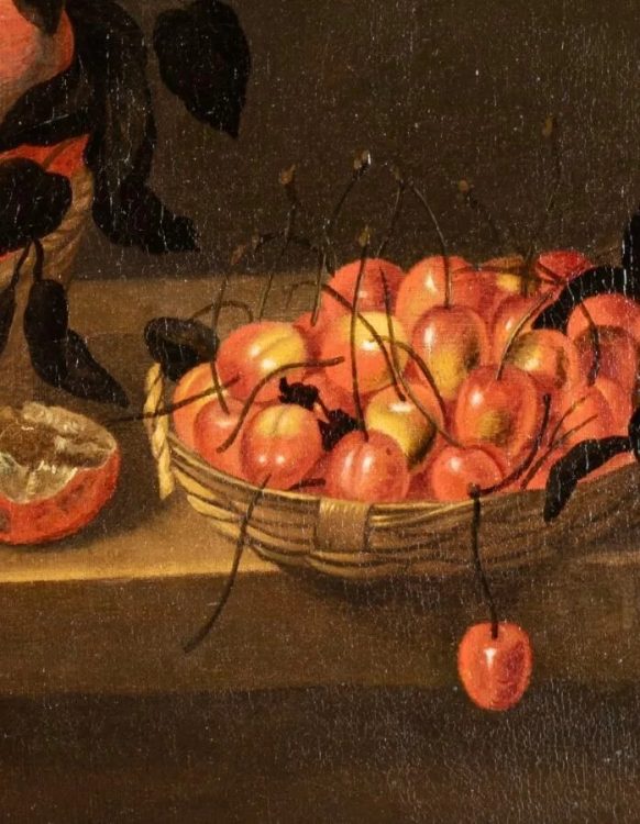Louyse Moillon (c.1610-1696), Nature morte de fruits, framboises dans un panier posé sur une boîte de copeaux, trois pêches posées sur la table, prunes posées dans un panier, une prune ouverte et des cerises ordonnées dans un panier, le tout disposé sur une table de bois, huile sur toile, Dimension : 44,5 x 75 cm. hors cadre. (rentoilée). Estimation : 100 000 euros - 150 000 euros