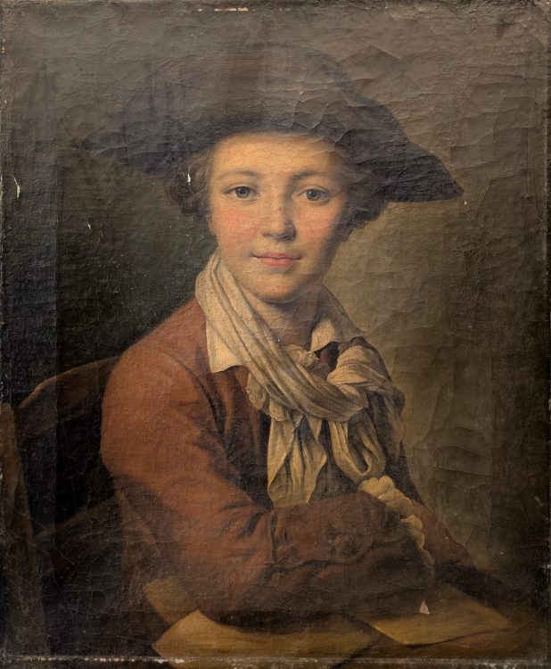 Catherine LUSURIER (1752-1781). Le Jeune écolier. Huile sur toile d’origine. 56 x 46 cm. (manques).