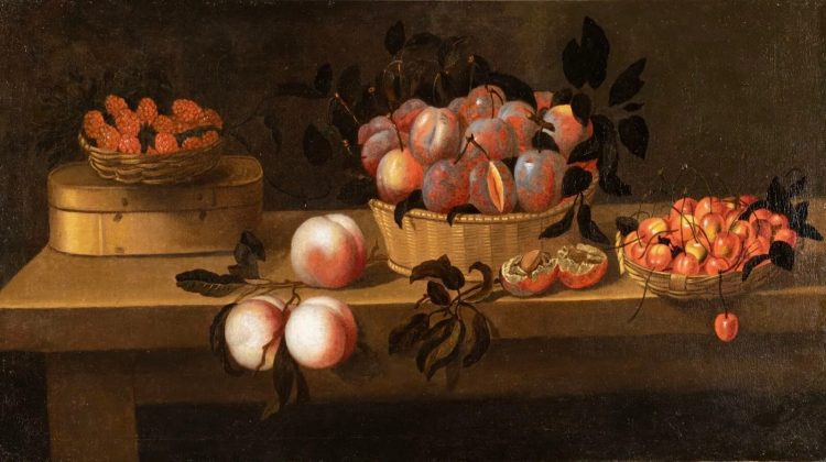 Louyse MOILLON (c.1610-1696), "Nature morte de fruits, framboises dans un panier posé sur une boîte de copeaux, trois pêches posées sur la table, prunes posées dans un panier, une prune ouverte et des cerises ordonnées dans un panier, le tout disposé sur une table de bois.", huile sur toile, Dim. : 44,5 x 75 cm. hors cadre. (rentoilée)