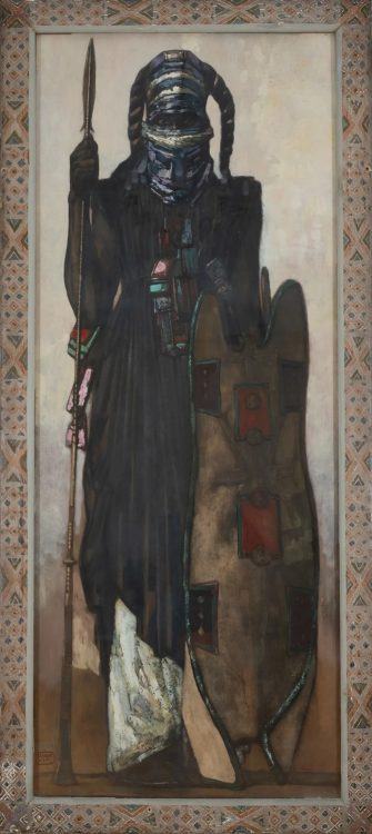 Paul Jouve (1878-1973), Tahoua Niger, Huile sur toile signée en bas à droite, titrée et située en bas à gauche., Au dos : cachet du Salon des artistes français illisible, probablement de 1932, et étiquette déchirée du garde-meubles Médernac, 188 rue de Vanves, Paris 14ᵉ, lieu d'entreposage de l'artiste., Toile : 201 × 81 centimètres (quelques soulèvements), Cadre d'origine en bois peint : 219 × 99 centimètres (trois perforations). Estimation : 60 000 euros - 100 000 euros
