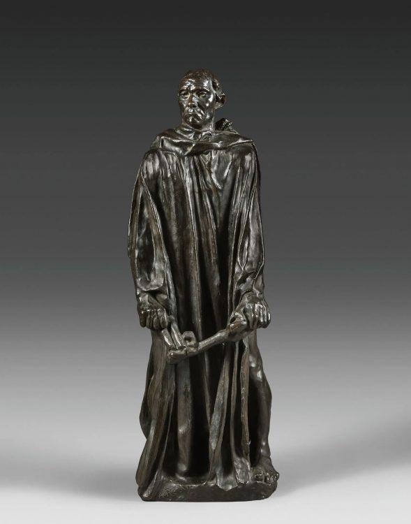 Auguste RODIN (1840-1917) Jean d'Aire (Un bourgeois de Calais) Épreuve en bronze patiné, signée, porte le cachet relief A. Rodin, Alexis Rudier fondeur. Hauteur : 46,5 cm Modèle créé en 1895 et fondu par Rudier à la demande de Georges Grappe pour l'exposition Rodin organisée par G. & L. Bollag à l'Hôtel Savoy à Zurich en 1927.